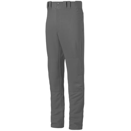 Mizuno Adult Premier Pro G2 Open Bottom Baseball Pants (350386) feature belt loops, button and zipper closure, and reinforced knees for durability. Shown here in professional gray on a white background.