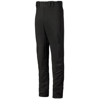 The Mizuno Adult Premier Pro G2 Open Bottom Baseball Pants (350386) are black, durable pants with belt loops, a button and zipper front, and straight legs, shown against a white background.
