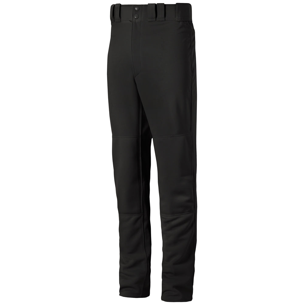 The Mizuno Youth Premier Pro G2 Open Bottom Baseball Pants (350389) feature a black color, belt loops, zipper fly with button closure, straight legs, and double knee construction for durability. Shown on a white background. Brand: Mizuno.