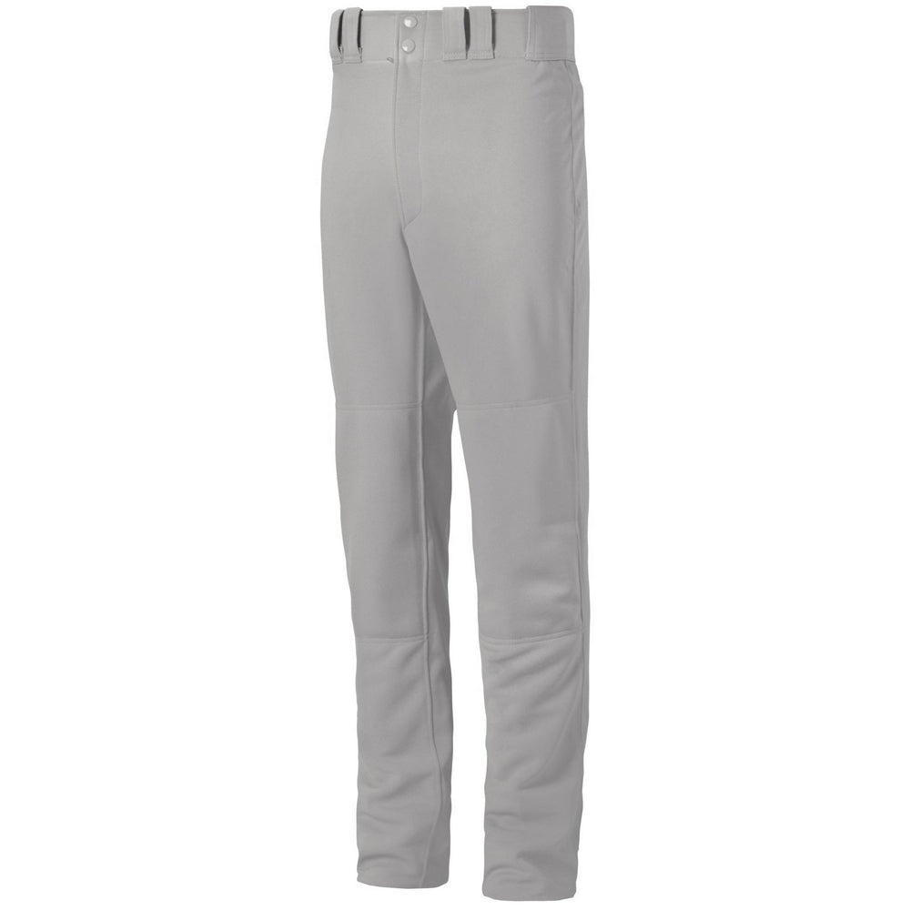 Mizuno Adult Premier Pro G2 Open Bottom Baseball Pants (350386) in light gray feature belt loops and reinforced knees for durability, shown standing upright on a white background.