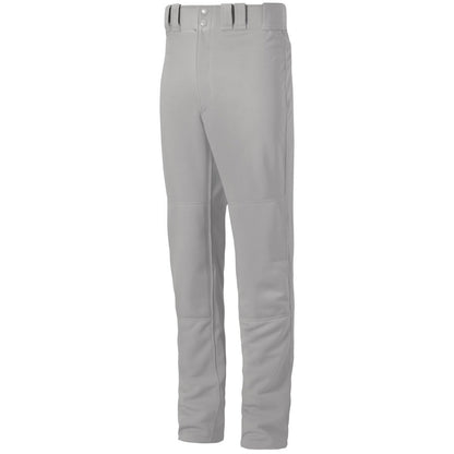 Mizuno Adult Premier Pro G2 Open Bottom Baseball Pants (350386) in light gray feature belt loops and reinforced knees for durability, shown standing upright on a white background.
