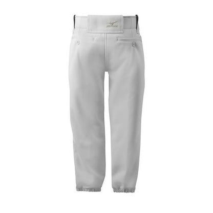 The Mizuno Girl's Belted Fastpitch Softball Pants (350462) feature a durable design with an elastic waistband, belt loops, button closure, and elastic ankle cuffs. Classic white and perfect for any softball player.