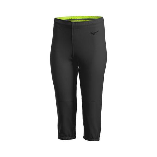 Mizuno Women's Stretch Fastpitch Softball Pants (350629) feature a fitted design, 4-way stretch, moisture-wicking fabric, small Mizuno logo on the upper left thigh, and neon green waistband lining. Shown against a white background.
