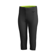 Mizuno Women's Stretch Fastpitch Softball Pants (350629) feature a fitted design, 4-way stretch, moisture-wicking fabric, small Mizuno logo on the upper left thigh, and neon green waistband lining. Shown against a white background.