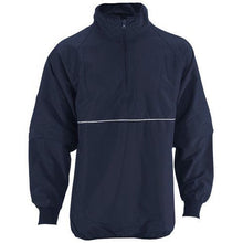 The Smitty Convertible Umpire Jacket (BBS323) features a navy base with a thin white horizontal chest stripe, long sleeves, high collar, front half-zip, and elastic cuffs.