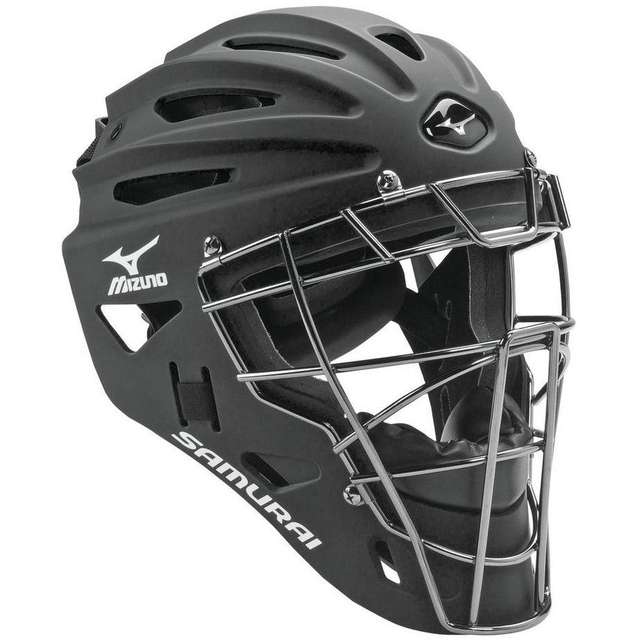 The Mizuno Samurai G4 Hockey Style Catcher's Helmet (380191/380192) features a black shell, steel-framed mask, silver face guard, ventilation slits, and Mizuno logo. Part of the Samurai series and meets NOCSAE safety standards.