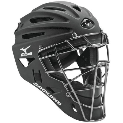 The Mizuno Samurai G4 Hockey Style Catcher's Helmet (380191/380192) features a black shell, steel-framed mask, silver face guard, ventilation slits, and Mizuno logo. Part of the Samurai series and meets NOCSAE safety standards.