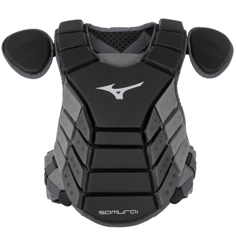 The Mizuno Samurai Catcher's Chest Protector (380378/380379/380380) features removable shoulder pads, a Mizuno logo, NOCSAE certification, and "Samurai" at the bottom—ideal for baseball or softball catchers.