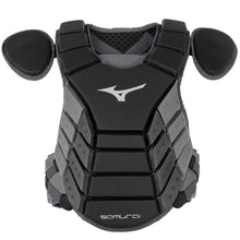 The Mizuno Samurai Catcher's Chest Protector (380378/380379/380380) features removable shoulder pads, a Mizuno logo, NOCSAE certification, and "Samurai" at the bottom—ideal for baseball or softball catchers.