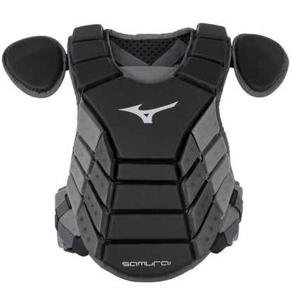 The Mizuno Samurai Catcher's Chest Protector (380378/380379/380380) features removable shoulder pads, a Mizuno logo, NOCSAE certification, and "Samurai" at the bottom—ideal for baseball or softball catchers.