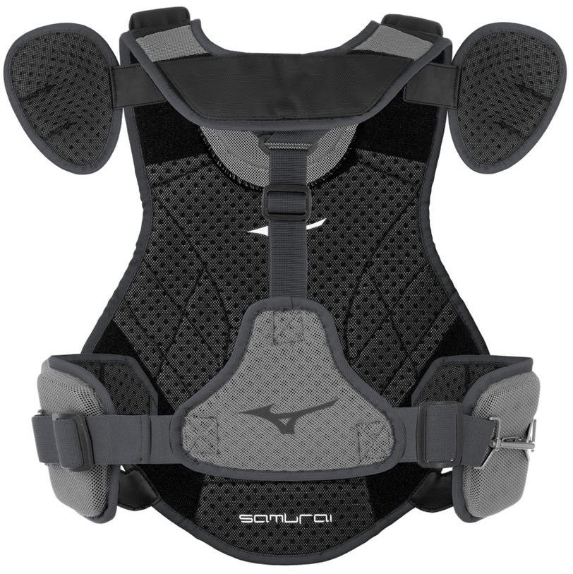 The Mizuno Samurai Catcher's Chest Protector (380378/380379/380380) features padded black and gray shoulders/sides, breathable mesh, adjustable straps, "samurai" with logo on front, and is NOCSAE certified for safety.