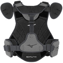 The Mizuno Samurai Catcher's Chest Protector (380378/380379/380380) features padded black and gray shoulders/sides, breathable mesh, adjustable straps, "samurai" with logo on front, and is NOCSAE certified for safety.