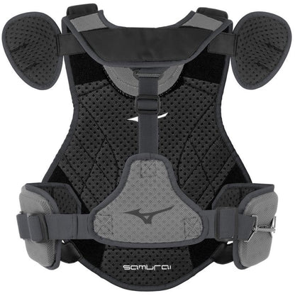 The Mizuno Samurai Catcher's Chest Protector (380378/380379/380380) features padded black and gray shoulders/sides, breathable mesh, adjustable straps, "samurai" with logo on front, and is NOCSAE certified for safety.
