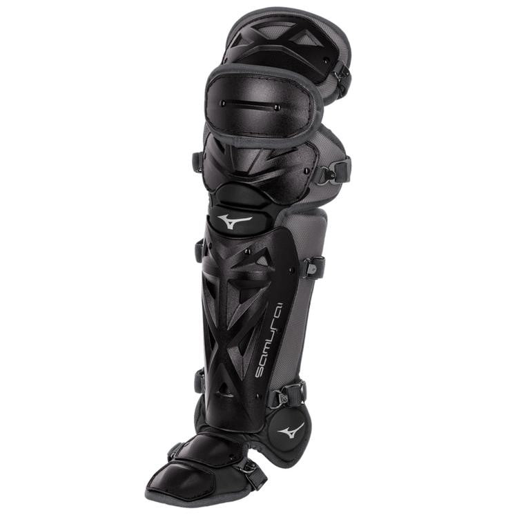 The Mizuno Samurai Catcher's Leg Guards (380383/380408/380409) feature multiple protective segments, adjustable straps, and full knee coverage. This black Mizuno gear protects the shin, knee, and foot and displays the Mizuno logo.
