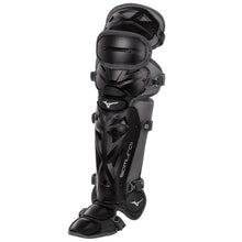 The Mizuno Samurai Catcher's Leg Guards (380383/380408/380409) feature multiple protective segments, adjustable straps, and full knee coverage. This black Mizuno gear protects the shin, knee, and foot and displays the Mizuno logo.