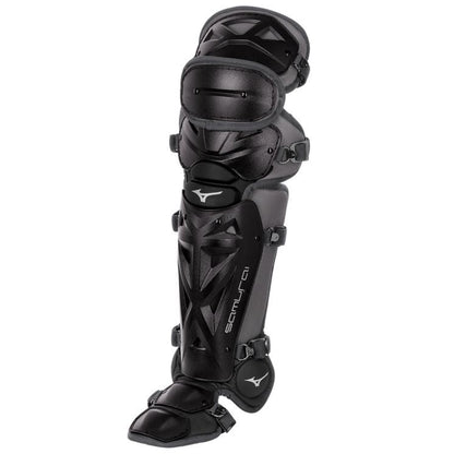 The Mizuno Samurai Catcher's Leg Guards (380383/380408/380409) feature multiple protective segments, adjustable straps, and full knee coverage. This black Mizuno gear protects the shin, knee, and foot and displays the Mizuno logo.