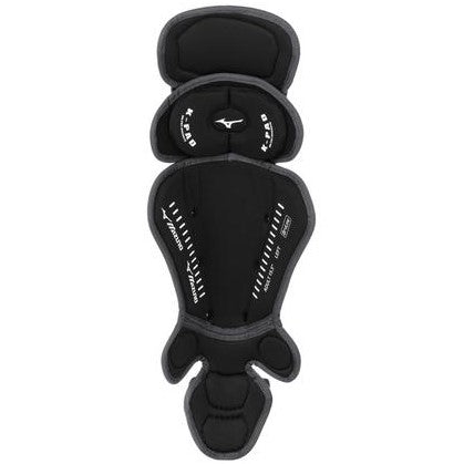 The Mizuno Samurai Catcher's Leg Guards (380383/380408/380409) offer premium protection with contoured panels for the leg and knee, featuring a black and gray design with the Mizuno logo on front.