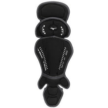 The Mizuno Samurai Catcher's Leg Guards (380383/380408/380409) offer premium protection with contoured panels for the leg and knee, featuring a black and gray design with the Mizuno logo on front.