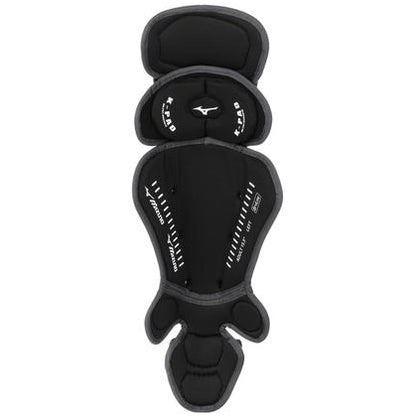 The Mizuno Samurai Catcher's Leg Guards (380383/380408/380409) offer premium protection with contoured panels for the leg and knee, featuring a black and gray design with the Mizuno logo on front.