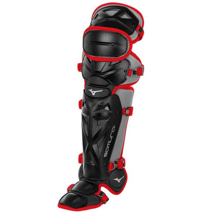 The Mizuno Samurai Catcher's Leg Guards (380383 / 380408 / 380409) feature black and red padded segments, adjustable straps, and excellent knee protection for sports. "Samurai" is printed on the shin. Brand: Mizuno.