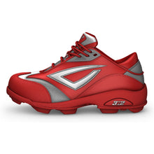 The 3n2 Accelerate Fastpitch Molded Cleats (ACCEL-FP) by 3n2 feature a red design with silver and gray accents, a unique geometric side pattern, and a thick textured sole inspired by pro-performance cleats.
