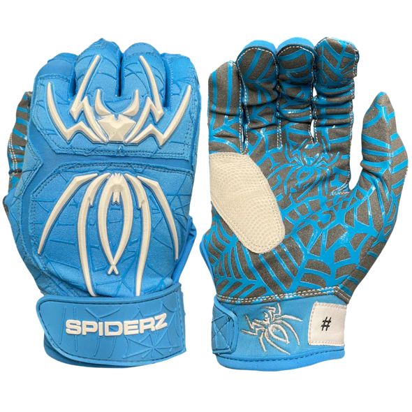 The Spiderz HYBRID Adult Batting Gloves by Spiderz feature a blue and gray web-patterned palm with white grip pads for pro-level hold, plus a white spider logo and SPIDERZ branding on the wrist strap.