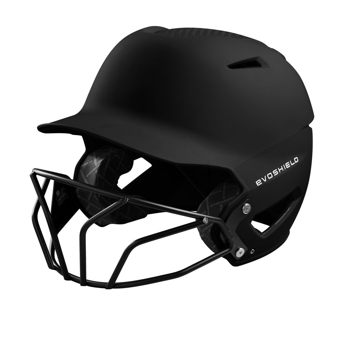 The EvoShield XVT Matte Batting Helmet with Fastpitch Mask (WTV7135) features a matte black finish, a metal facemask, white "EvoShield" branding on the side, and offers NOCSAE-certified safety for fastpitch players.