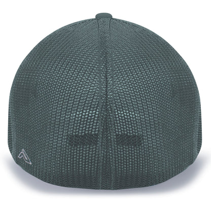 The image shows the back of a dark green Pacific Headwear NSA Flag Series Flex Fit Hat: 404M, featuring textured stitching and a small white 3D Outline Logo on the lower left side.
