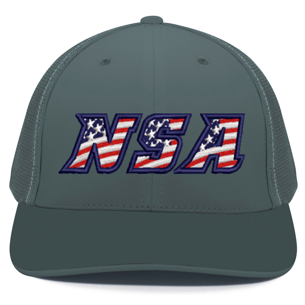 The Pacific Headwear NSA Flag Series Flex Fit Hat (404M) features a gray mesh back, U-shape visor, and a bold 3D "NSA" logo in an American flag stars & stripes pattern on the front.