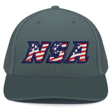 The Pacific Headwear NSA Flag Series Flex Fit Hat (404M) features a gray mesh back, U-shape visor, and a bold 3D "NSA" logo in an American flag stars & stripes pattern on the front.