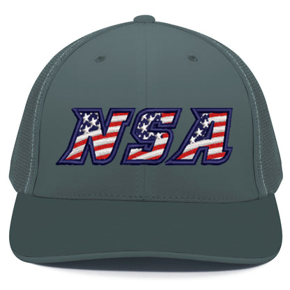 The Pacific Headwear NSA Flag Series Flex Fit Hat (404M) features a gray mesh back, U-shape visor, and a bold 3D "NSA" logo in an American flag stars & stripes pattern on the front.