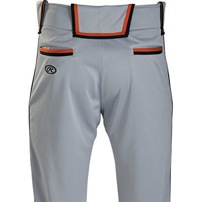 The Rawlings Adult Premium Plated Braid Baseball/Softball Pants (RP150) feature gray 2-way stretch polyester, black & orange trim, semi-relaxed fit, belt loops, double back pockets, pro-style design, and the iconic Rawlings logo.