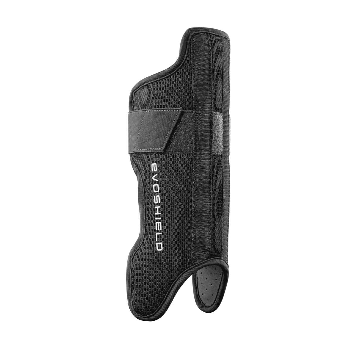 The EvoShield Pro-SRZ Gel-to-Shell™ Catcher's Lower Leg Guards (WB570800 / WB571030) feature breathable mesh, a velcro strap, ergonomic design with a thumb hole, and vertical white EVOSHIELD branding for athletic protection.