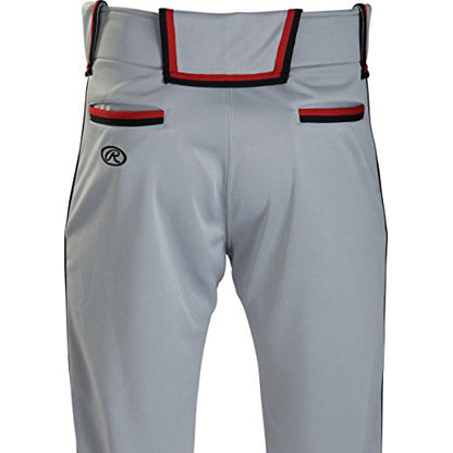 Rawlings Adult Premium Plated Braid Baseball/Softball Pants (RP150) feature gray fabric with black and red waistband/pocket trim, Rawlings logo on the right hip, semi-relaxed fit, pro style details, and 2-way stretch polyester. Back view shown.