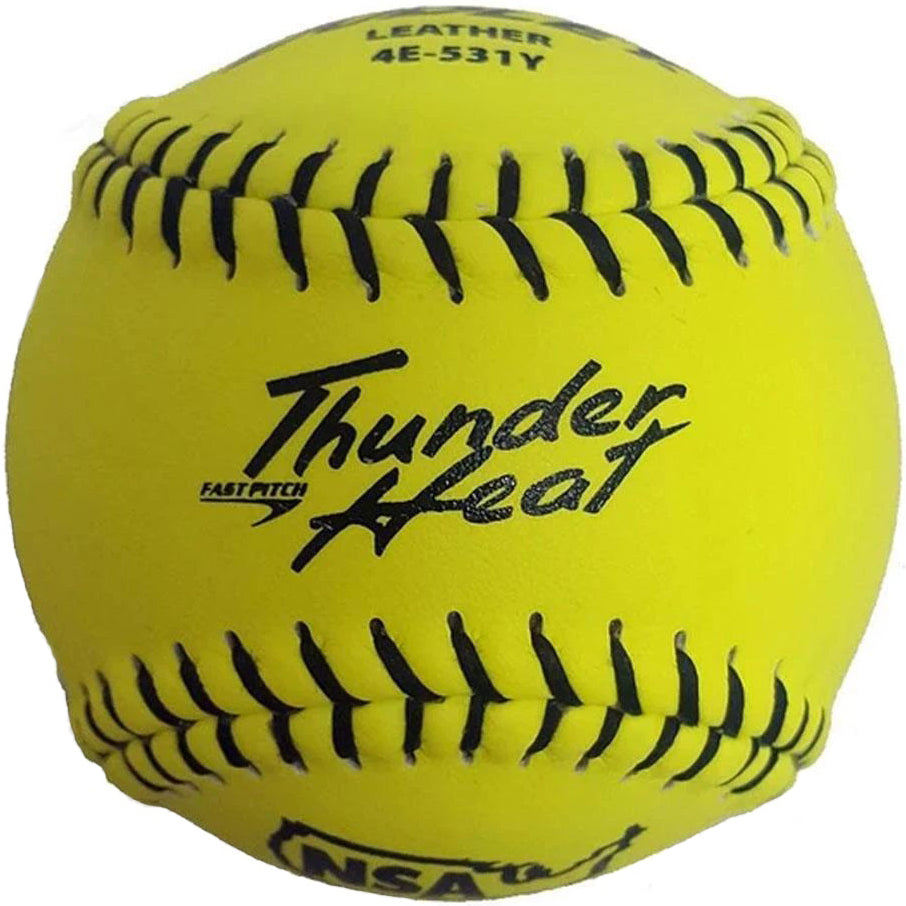 A Dudley NSA Thunder Heat 11" 47/375 Leather Fastpitch Softball (4E531) with a polyurethane center, black stitching, and bold markings including the NSA stamp stands out against a plain background.