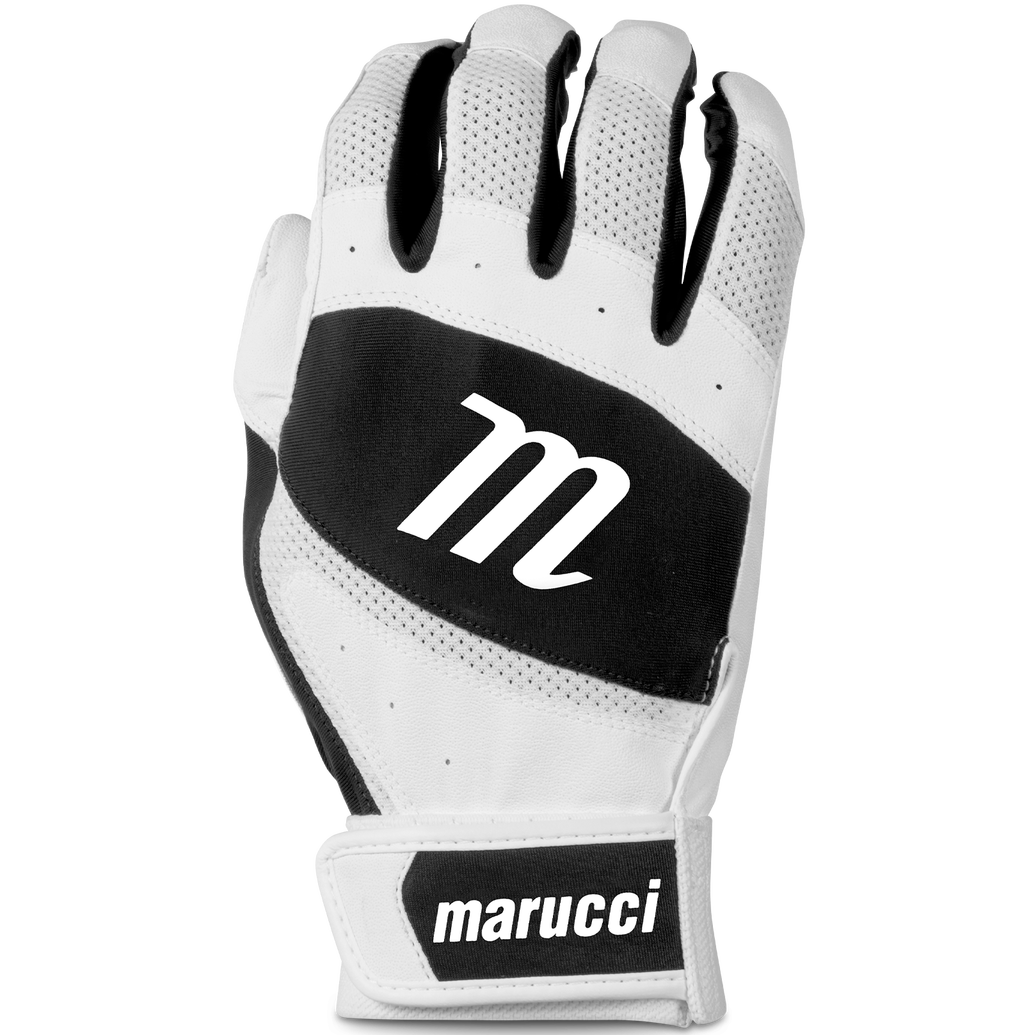 The Marucci Badge Tee Ball Youth Batting Gloves (MBGBAY) feature a white and black design, an "m" on the back, "marucci" on the adjustable wrist strap, and a rubberized palm for enhanced grip.