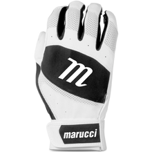 The Marucci Badge Tee Ball Youth Batting Gloves (MBGBAY) feature a white and black design, an "m" on the back, "marucci" on the adjustable wrist strap, and a rubberized palm for enhanced grip.