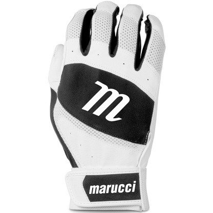 The Marucci Badge Tee Ball Youth Batting Gloves (MBGBAY) feature a white and black design, an "m" on the back, "marucci" on the adjustable wrist strap, and a rubberized palm for enhanced grip.