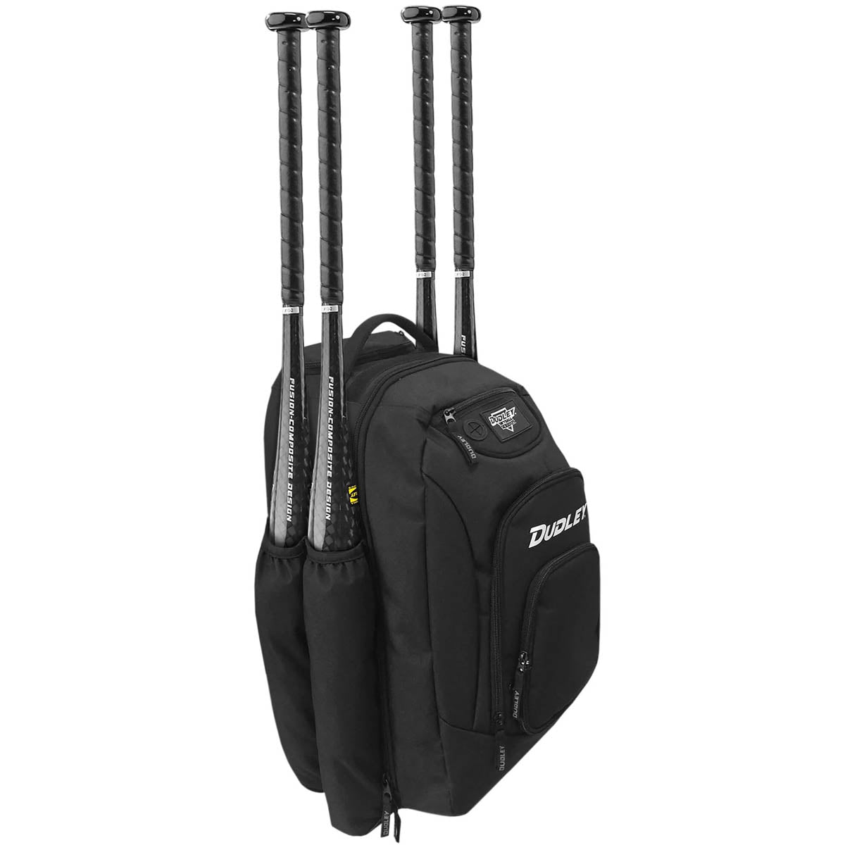 The Dudley Pro Softball Wheeled Player Bag (48043) features three side bat pockets for vertical storage and multiple front zippered compartments—perfect for organized softball players.