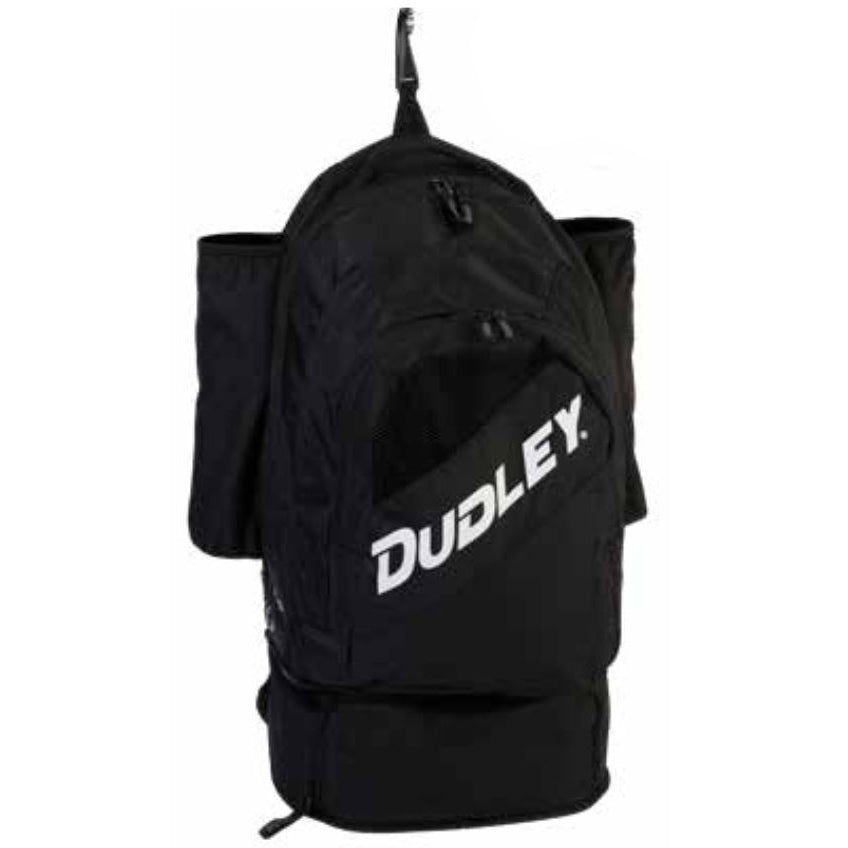 The Dudley Pro Softball Backpack 48044 is a black bag with two side pockets, a top handle, and "DUDLEY" in white diagonally on the front—ideal as a bat bag or for carrying softball gear.