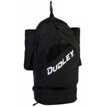 The Dudley Pro Softball Backpack 48044 is a black bag with two side pockets, a top handle, and "DUDLEY" in white diagonally on the front—ideal as a bat bag or for carrying softball gear.