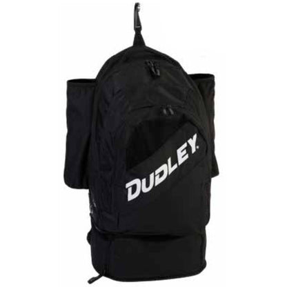 The Dudley Pro Softball Backpack 48044 is a black bag with two side pockets, a top handle, and "DUDLEY" in white diagonally on the front—ideal as a bat bag or for carrying softball gear.