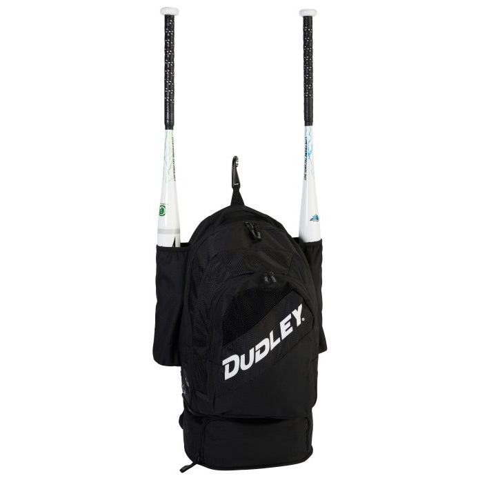 The Dudley Pro Softball Backpack: 48044 in black by Dudley, shown with two white bats in its side pockets against a white background, is an ideal softball equipment bag for stylishly carrying your gear.