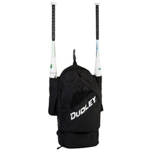 The Dudley Pro Softball Backpack: 48044 in black by Dudley, shown with two white bats in its side pockets against a white background, is an ideal softball equipment bag for stylishly carrying your gear.