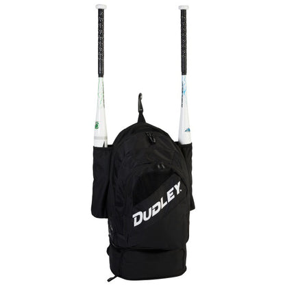 The Dudley Pro Softball Backpack: 48044 in black by Dudley, shown with two white bats in its side pockets against a white background, is an ideal softball equipment bag for stylishly carrying your gear.
