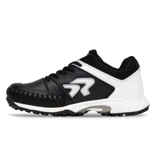 The Ringor Flite Turf PTT Women's Fastpitch Softball Shoes with Pitching Toe (4842S) by Ringor is shown in black and white with a textured sole, lace-up front, and silver logo, designed for performance and comfort on the field.