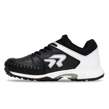 The Ringor Flite Turf PTT Women's Fastpitch Softball Shoes with Pitching Toe (4842S) by Ringor is shown in black and white with a textured sole, lace-up front, and silver logo, designed for performance and comfort on the field.