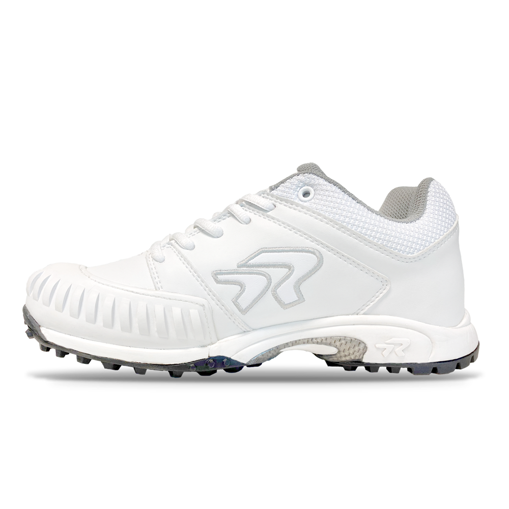 The Ringor Flite Turf PTT Women's Fastpitch Softball Shoes (4842S) feature a white upper, textured sole, gray mesh collar, silver accents, and a stylized logo—perfect for intense play—shown on a plain white background.