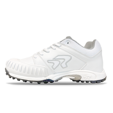 The Ringor Flite Turf PTT Women's Fastpitch Softball Shoes (4842S) feature a white upper, textured sole, gray mesh collar, silver accents, and a stylized logo—perfect for intense play—shown on a plain white background.