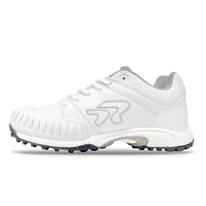 The Ringor Flite Turf PTT Women's Fastpitch Softball Shoes (4842S) feature a white upper, textured sole, gray mesh collar, silver accents, and a stylized logo—perfect for intense play—shown on a plain white background.